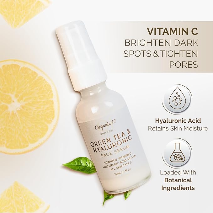 Hyaluronic Acid & Green Tea Face Serum – Anti-Aging Hydrating Serum with Vitamins C + E for Glowing Skin, Vegan & Cruelty-Free for All Skin Types – 30ml