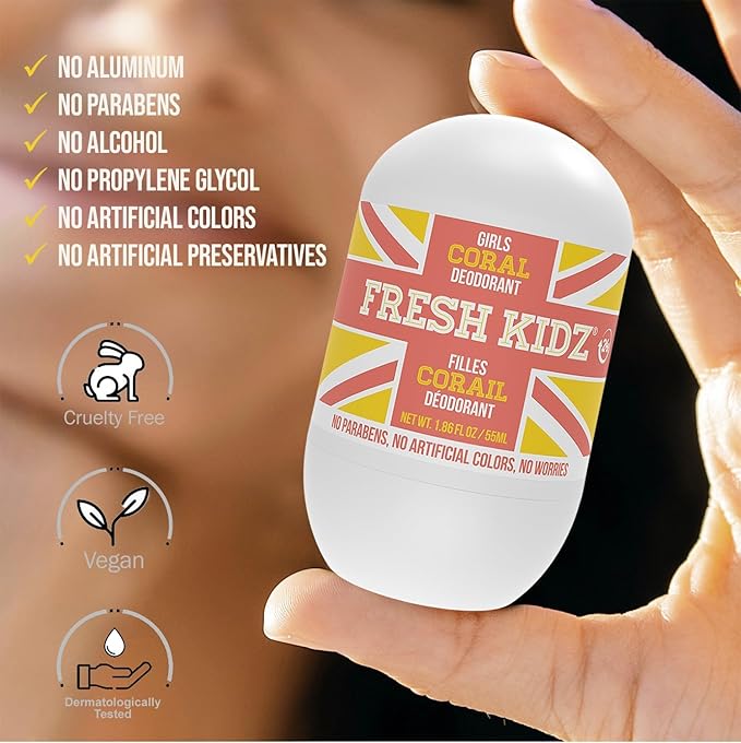 Fresh Kidz Body Wash 16.9 fl.oz. and 2 Roll-On Deodorants 1.86 fl.oz. for Kids and Teens - Girls Coral Set