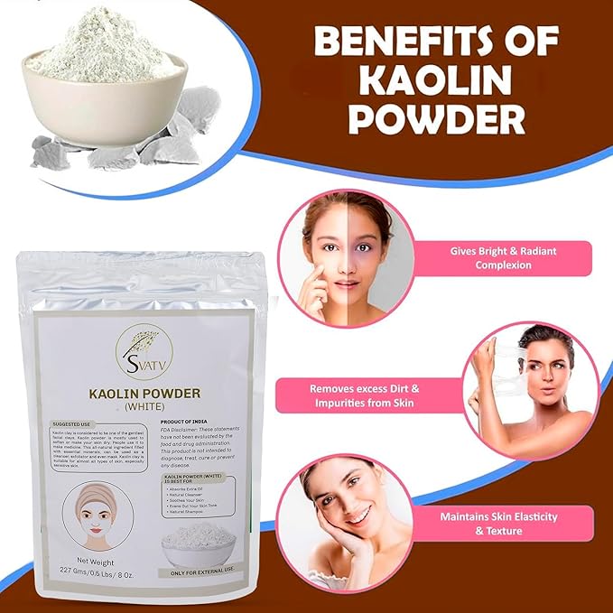 SVATV Kaolin White Clay Natural For Face Mask Bath Bomb Clay, Diy Spa Mud Mask For Soap Making 227g, Half Pound