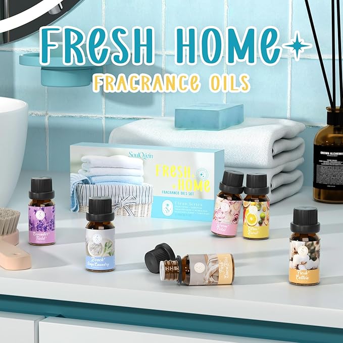 Clean Essential Oils Set, SoulOrigin Fragrance Oil Gift Set for Oil Diffusers, Scented Oils 6x10ml - Beach Sage Laundry Detergent, Citrus Burst, Lavender Fields, Fresh Linen, Warm Petals, Fresh Cotton