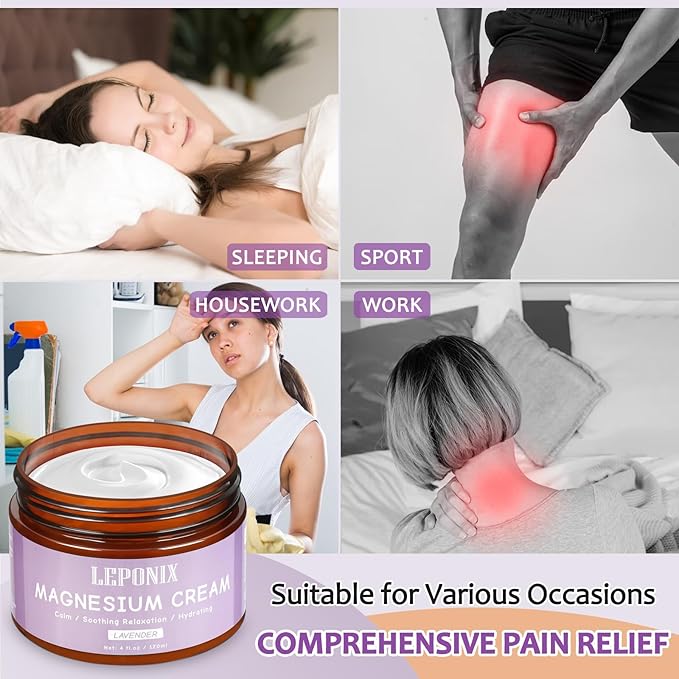 LEPONIX Magnesium Cream for Sleep - Topical Magnesium Lotion for Muscle Relaxation, Leg Cramps, Pain Relief & Better Sleep, Soothing Magnesium Body Butter for Adults & Kids (120ml, Lavender)