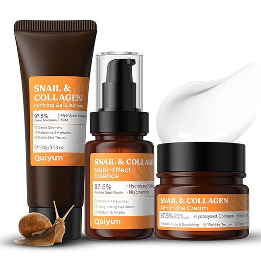All About Snail Mucin Kit Korean Skin Care Set, Collagen Skincare Gift Set Hydrating & Lifting Skin, Snail Skin Care Products Set Cleanser, Serum, Cream, Facial Kit for Women and Men Anti-Aging 3Pcs