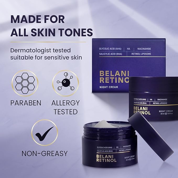 ABERA Belani Retinol Night Cream with Collagen & Hyaluronic Acid – Anti-Wrinkle, Fine Line Smoother, Even Skin Tone, Hydrating Facial Moisturizer for Women (1.01 Fl Oz)