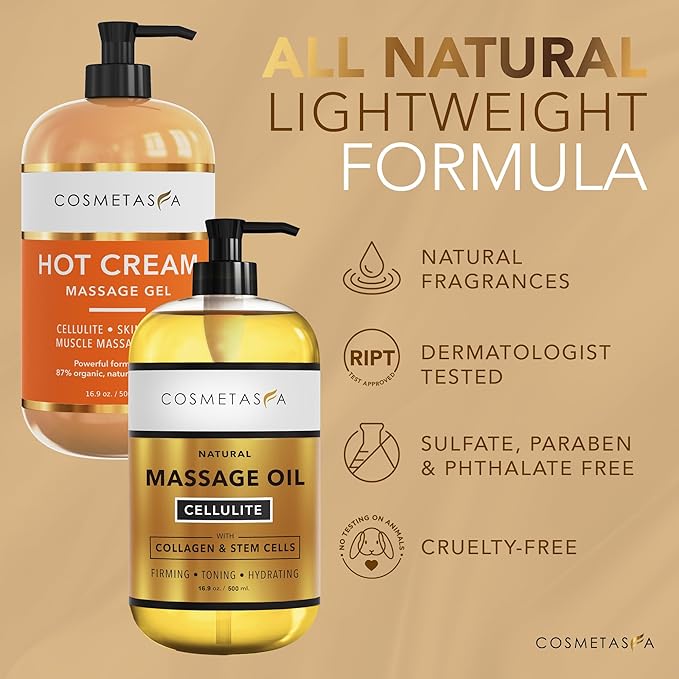 Cellulite Massage Oil & Hot Cream - 100% Natural Cellulite Oil & Gel, Highly Absorbable, Firm, Tone, Tighten & Moisturize Skin - Soothes Muscles (16.9 Fl Oz Each Bottle)