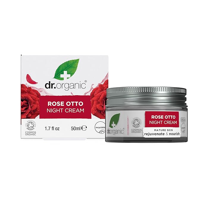 Dr. Organic Rose Otto Night Cream | Rejuvinating for Mature Skin, Aids in Healthy Aging, Promotes Youthful & Toned Skin, Natural, Certified Organic, Vegan, 50 mL / 1.7 fl oz