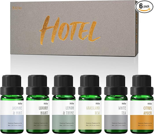 Fragrance Oils, MitFlor Hotel Collection Diffuser Oil for Home, Soap & Candle Making Scents, Aromatherapy Essential Oils Set 6x10ml, Lemon & Thyme, Citrus Amber, White Tea and More