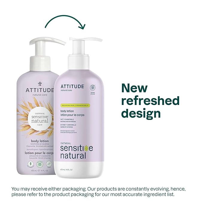 ATTITUDE Body Lotion for Sensitive Skin with Oat, EWG Verified, Dermatologically Tested, Vegan, Chamomile, 16 Fl Oz