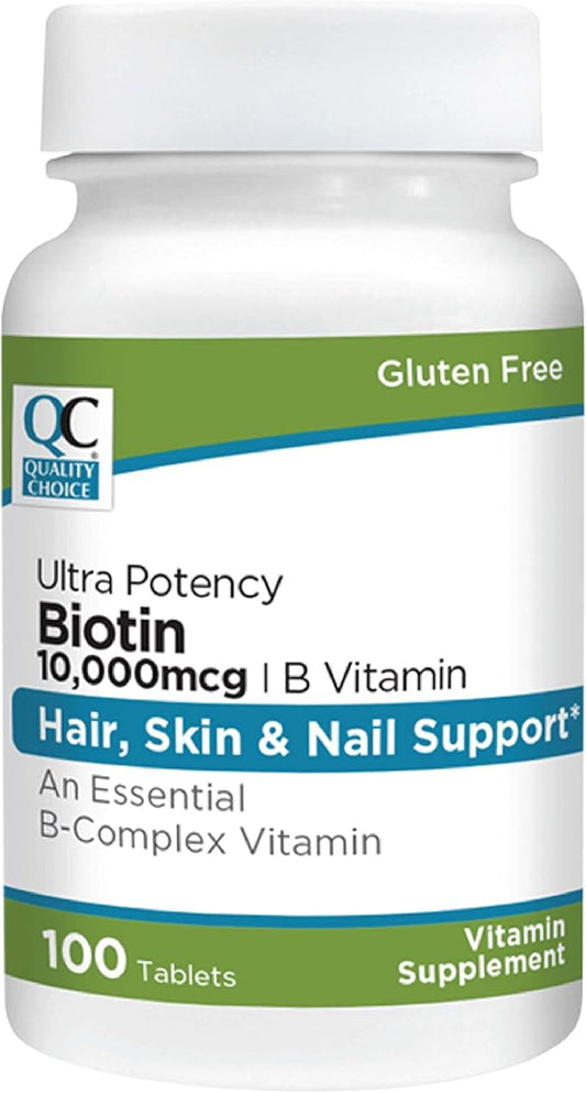 Quality Choice Biotin 10,000 mcg + B Tablets 100 Count Ultra Potency Nail, Skin, & Hair Support