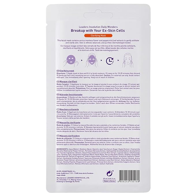 Leaders Insolution Daily Wonders Breakup With Your Ex-Skin Cells Facial Mask Sheet Clarifying and Exfoliating Dead Skin Korean Skincare (10 Sheets)