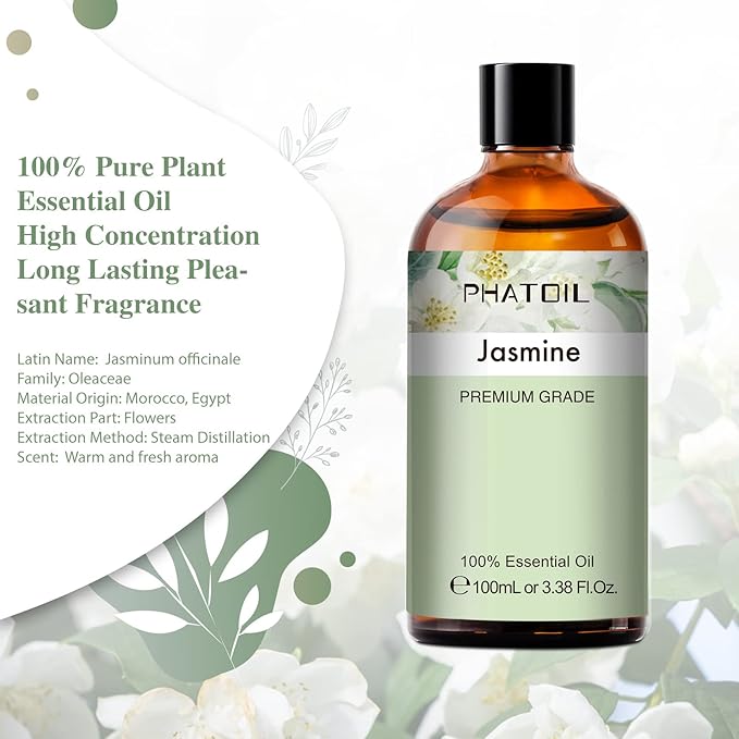 3.38FL.OZ Jasmine Essential Oil with Glass Dropper, for Aromatherapy Diffusers, Humidifiers, Great for DIY Candle and Soap Making, Huge 100ML Bottle