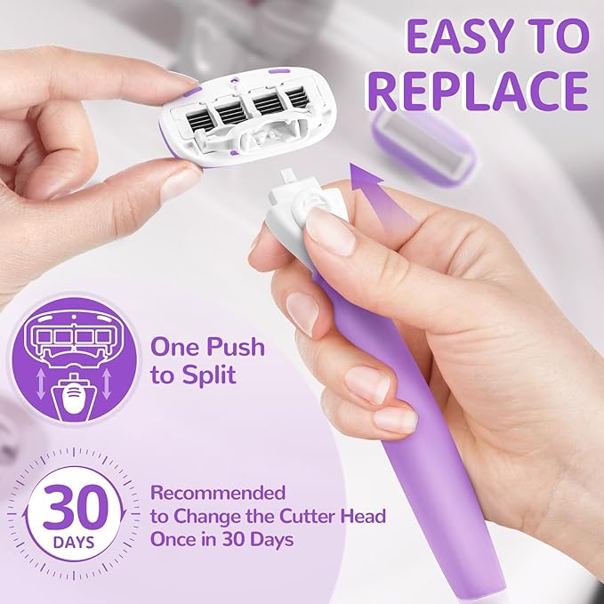 DreamGenius Razors for Women Include 1 Non-Slip Handles and 7 Blade Refills with a Shower Holder, 5 Premium Blades Women's Razors for Shaving with 360° Lubrication Reduces Irritation, Purple