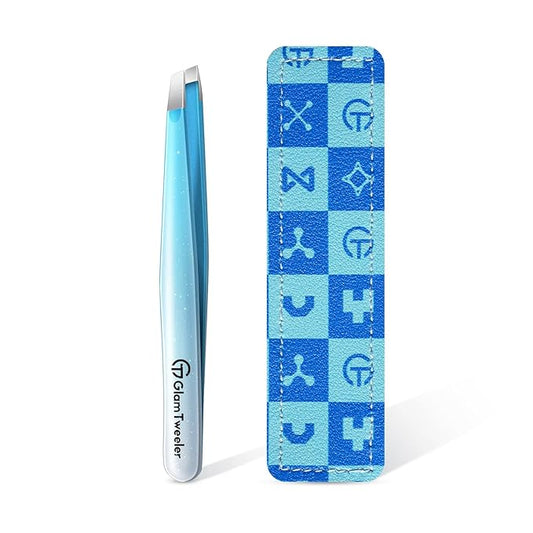 Expert Slant Tip Tweezers with Leather Case, GlamTweeler Sharp & Precision Stainless Steel Tweezer for Eyebrows, Facial Hair and Fine Hairs Removal (Sparkle Blue & Silver)