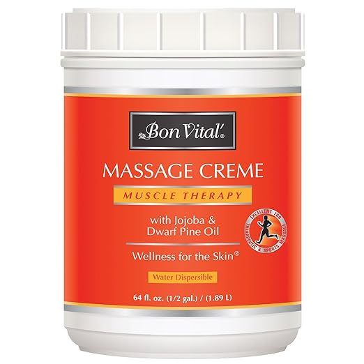 Bon Vital' Muscle Therapy Massage Creme, Professional Massage Cream with Dwarf Pine Oil & Essential Oils for Relaxation & Soreness Relief, Deep Tissue & Sports Massage Techniques, 1/2 Gallon Jar