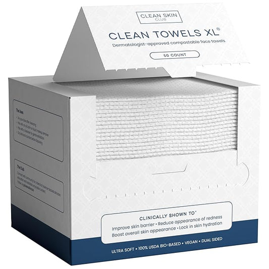 Clean Skin Club Clean Towels XL™, 100% USDA Biobased Face Towel, Disposable Face Towelette, Eczema Association Accepted, Makeup Remover Dry Wipes, Ultra Soft, 50 Ct, 1 Pack