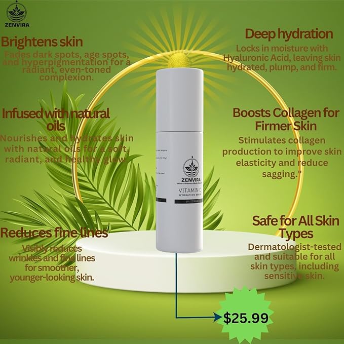 Super Vitamin C serum by Zenvira for Mature Skin – Made in USA, Anti-Aging with Hyaluronic Acid & Vitamin E – Hydrates, Firms, Brightens – Targets Wrinkles, Age Spots, Fine Lines – 1 fl oz