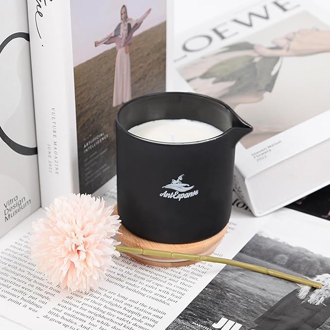 Soy Massage Oil Candle, 8.8OZ Low Temp Vanilla & Lavender Essential Oil in Frosted Black Glass, Moisturizing Body Massage Candle for Home & Spa