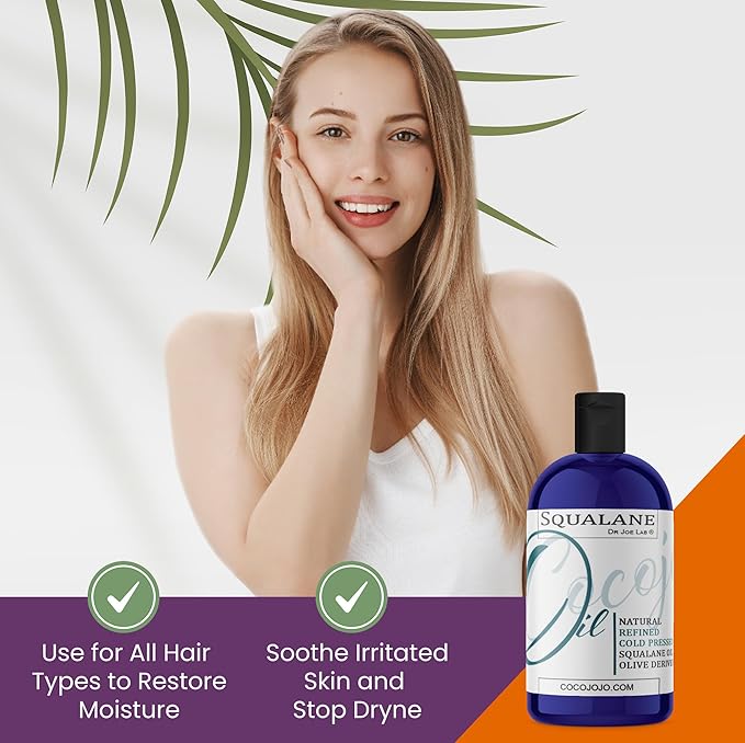 Dr Joe Lab Squalane Oil Pure Plant Derived Refined Cold Pressed Squalene From Olives Vegan Undiluted Bulk Carrier Oil for Face Skin Hair Body Cosmetics Natural Cleanser Moisturizer (16 oz)