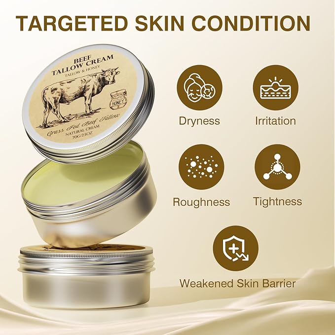 Beef Tallow for Skin, Tallow and Honey Balm,Tallow Face Moisturizer, Natural Grass-Fed Beef Tallow Balm with Raw Honey Moisturizing Cream for Body Lotion Skin Care