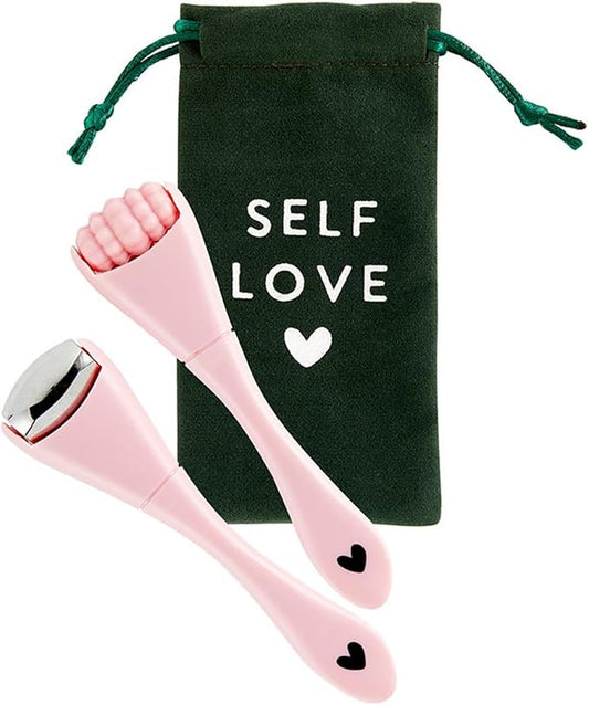 Bella Facial Roller Spa Set for Daily Skin Care Beauty Routine With Travel Bag, Stainless Steel Pink and Green - SET OF 2