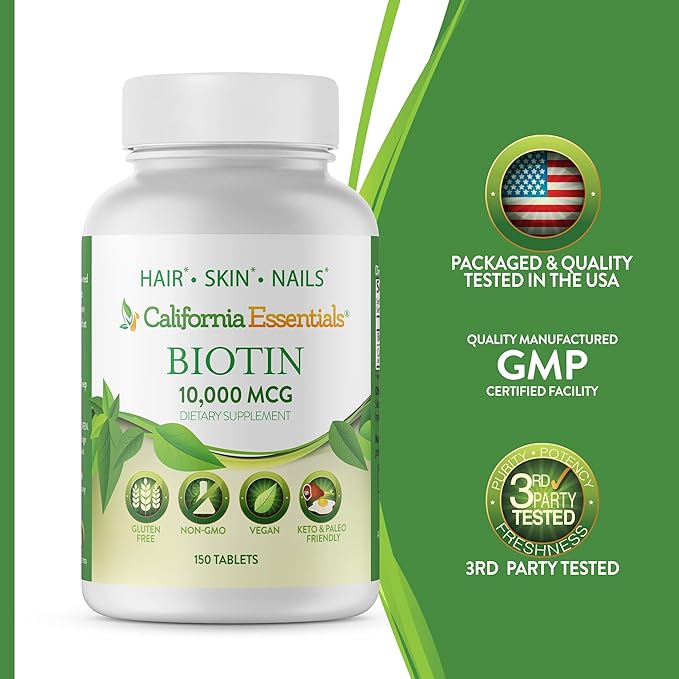 California Essentials Biotin 10000mcg – Hair Growth Vegetarian Vitamins B7 Supports Healthy Hair, Skin, and Nail Growth – Dietary Supplement for Men & Women of All Hair Types (150 Tablets)