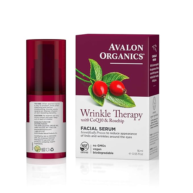 Avalon Organics Facial Serum, Wrinkle Therapy with CoQ10 & Rosehip, 0.55 Oz