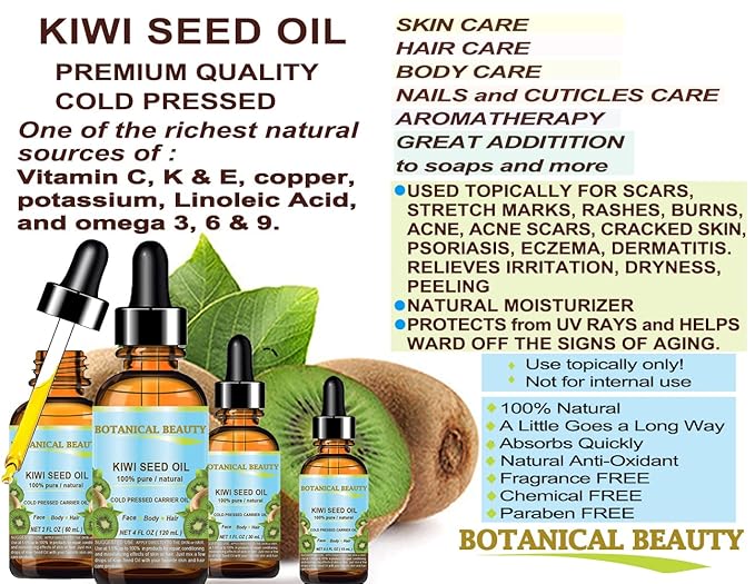 Botanical Beauty KIWI SEED OIL. 100% Pure Natural Undiluted Virgin Cold Pressed Carrier Oil. 2 Fl.oz.- 60 ml for Face, Skin, Body, Hair, Nail Care