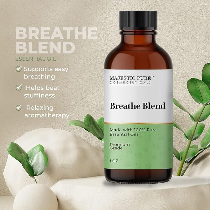 Majestic Pure Breathe Essential Oil Blend | 100% Pure Oil for Relaxation, Stress Relief | Orange, Lavender, Clary Sage Essential Oil for Diffusers & Aromatherapy | 1oz