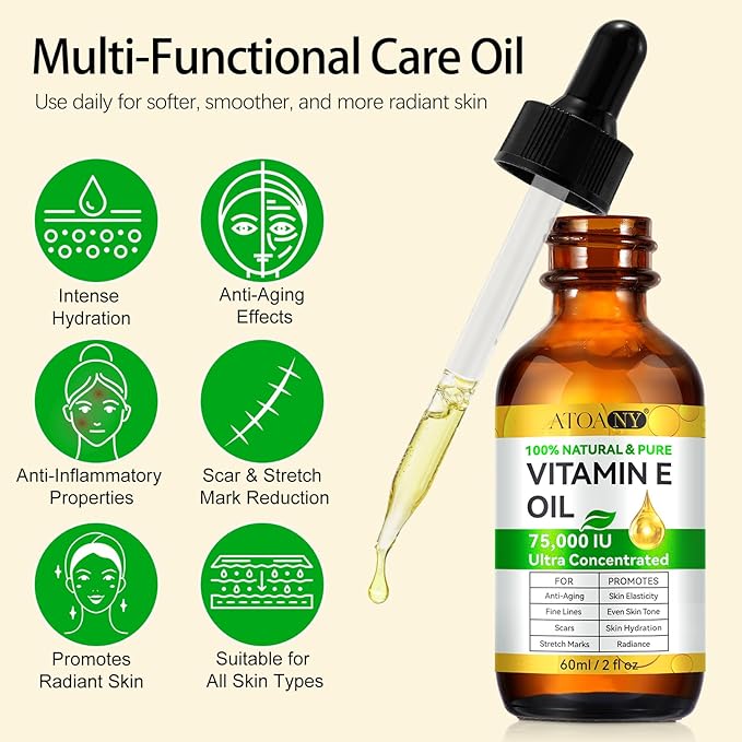 Vitamin E Oil, Natural Pure Bio Vitamin E for Skin, Face and Scars, Body Bath Oil Moisturizing Dry Skin and Winkles 2Fl Oz