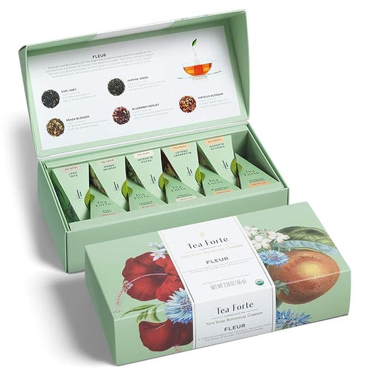 Tea Forte Fleur Petite Presentation Box Mother's Day Tea Gift Set Sampler, 10 Count, 2 of Each Variety Individually Wrapped Handcrafted Pyramid Infuser Bags