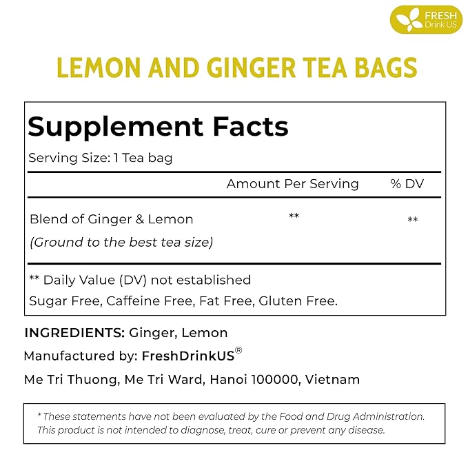 FreshDrinkUS, Premium 200 Lemon Ginger Tea Bags, 100% Natural Ingredients, Hand-made Blend of Lemon and Ginger, Eco-conscious Tea Bags. Lemon Ginger Herbal Tea. No Sugar, No Caffeine, Vegan.