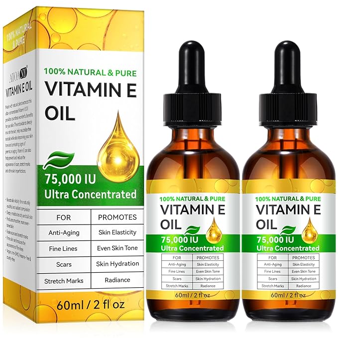 Vitamin E Oil 75,000 IU - 2PCS Natural Moisturizing for Skin, Face & Body - Organic Vitamin E for Scars, Wrinkles & Stretch Marks - Deep Hydration 4 Fl Oz