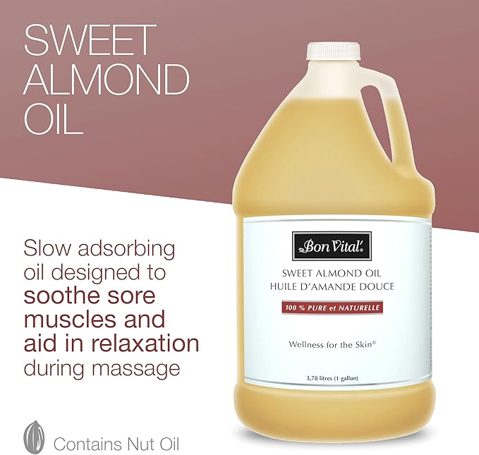 Bon Vital' Sweet Almond Oil Skin & Hair Moisturizer & Gentle Massage Oil, Carrier Oil for Diffusers, Improve Hair Texture and Hydrate Skin, 100% Pure Massage Therapy Oil, 1 Gallon