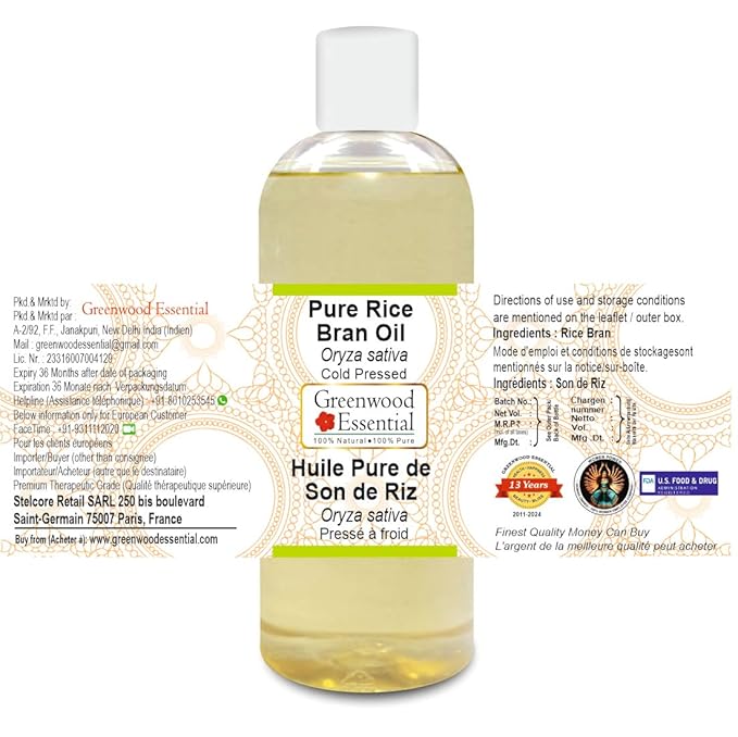 Pure Rice Bran Oil (Oryza Sativa) Cold Pressed 200ml (6.76 oz)