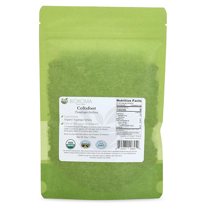 Biokoma Pure and Organic Coltsfoot Dried Leaves 50g (1.76oz) In Resealable Moisture Proof Pouch, USDA Certified Organic - Herbal Tea, No Additives, No Preservatives, No GMO, Kosher