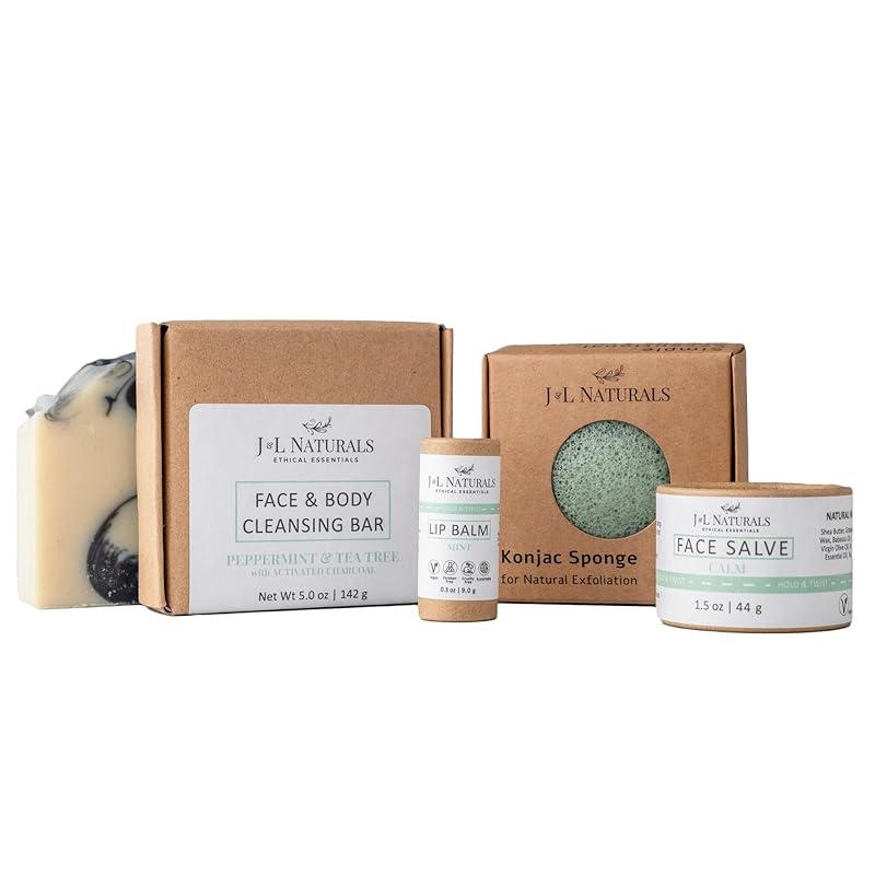 J&L Naturals Simple Skin Regimen Kit With Cleansing Bar, Face Salve, Konjac Sponge, Lip Balm | For Oily, Dry, Mature, and Combination Skin | Zero Waste (Calm (sensitive, acne-prone skin), Simple)