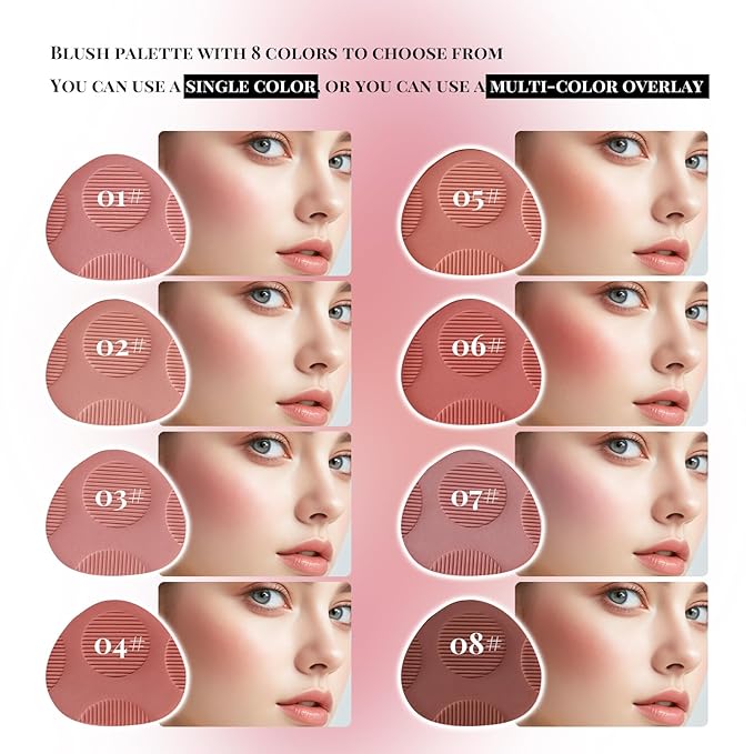8 Colors Blush Palette, Smooth Blendable Powder Blush, Buildable Facial Cheek Blusher, Matte Blush Palette Makeup For Women, Waterproof Long-lasting Makeup Palette with Brush