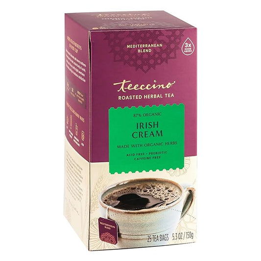 Teeccino Irish Cream Herbal Tea, Rich & Roasted Herbal Tea That’s Caffeine Free & Prebiotic for Natural Energy, 25 Tea Bags