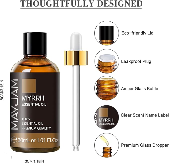 Myrrh Essential Oil, MAYJAM 30ML Pure Myrrh Oil for Diffuser, Yoga, Bedroom, Bathroom, Household & Car Use(1.01oz)