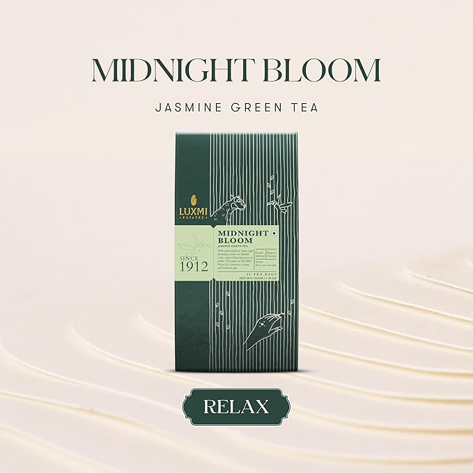 Luxmi Estates - Midnight Bloom - Organic Jasmine Tea - 25 Tea Bags | With Organic Jasmine Buds and Premium Darjeeling Green Tea | Natural Aid to Relieve Stress, Anxiety and Sleep Problems