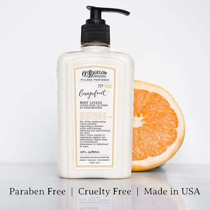 C.O. Bigelow Grapefruit Body Lotion for Women and Men, Village Perfumer Lotion with Olive Oil, Borage Oil, and Aloe Vera Concentrate, 10 fl oz