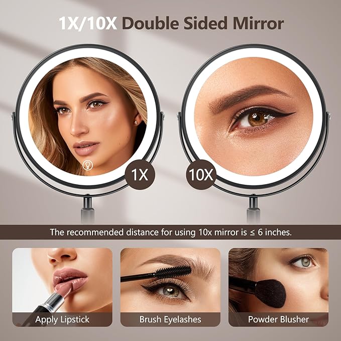 10x Large Lighted Makeup Mirror, Rechargeable 8" Height Adjustable Vanity Mirror, 1x/10x Magnifying Mirror with 3 Color, Brightness Adjustable, 360° Rotation Double Sided Mirror, Gift for Her(Black)