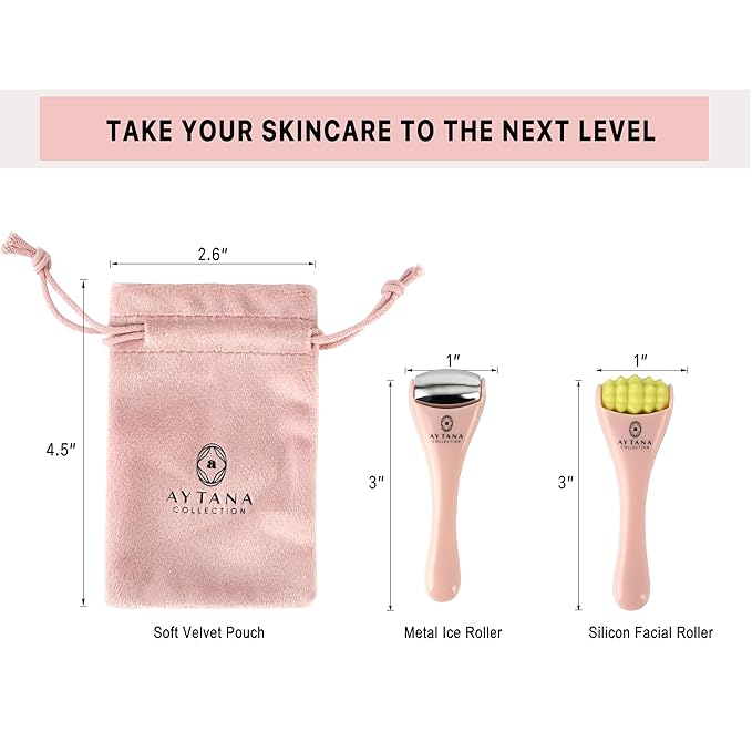 AYTANA Mini Cooling Face and Ice Roller Set with Pouch - Soothing Rollers for Puffy Eyes and Facial Massage | Pink Facial Tools for Skin Care | Relaxing Ice Rollers (Blush)