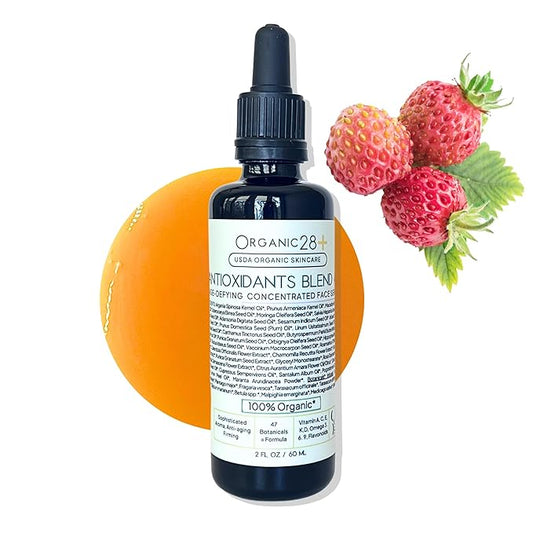 Organic28. 100% Organic Antioxidant Serum – USA Made. 47 Botanicals. Concentrated Rejuvenating Serum For Face & Décolletage. Rich Vitamins Organic Moisturizer. Aromatherapy: Bulgarian Rose.2 Fl. Oz