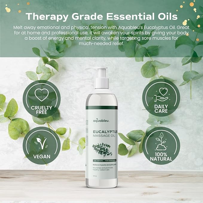 Eucalyptus Massage Oil 100% Pure & All-Natural - Natural at-Home Massage Therapy, Soothes Skin & Muscles - Full Body Relaxing Massage Oil for Men and Women 12 fl oz
