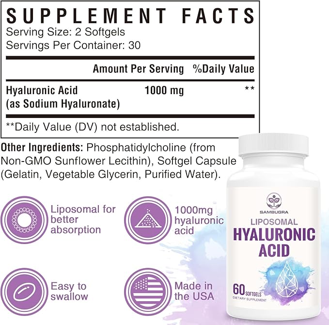 Liposomal Hyaluronic Acid 1000mg, High BioavailabilityHyaluronic Acid Capsules, Dietary Supplement Support Skin and Joint Lubrication, 60 Capsules