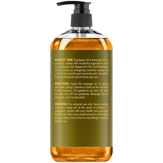 MAJESTIC PURE Eucalyptus Mint Massage Oil - Invigorating, Refreshing, and Relaxing - Massage, Made with Natural Oils - for All Skin Types - Men and Women - 8 fl oz