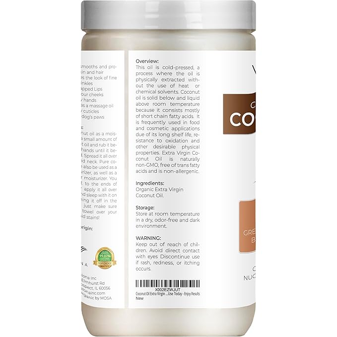 Velona USDA Certified Organic Coconut Oil Extra Virgin - 32 fl oz | Food and Cosmetic Grade | in jar | Extra Virgin, Cold Pressed