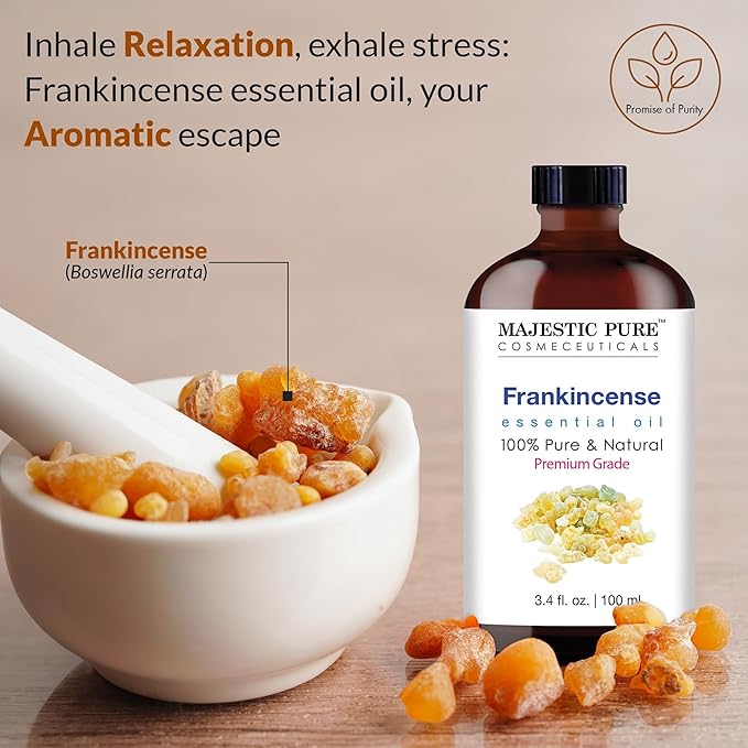MAJESTIC PURE Frankincense Essential Oil with Glass Dropper | 100% Pure and Natural Frankincense Oil | Premium Grade Essential Oils for Diffusers, Skin, Aromatherapy, Massage | 3.4 Fl Oz