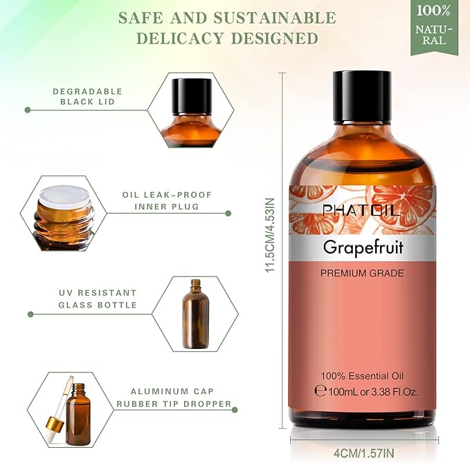 3.38FL.OZ Grapefruit Essential Oil with Glass Dropper, for Aromatherapy Diffusers, Humidifiers, Great for DIY Candle and Soap Making, Huge 100ML Bottle