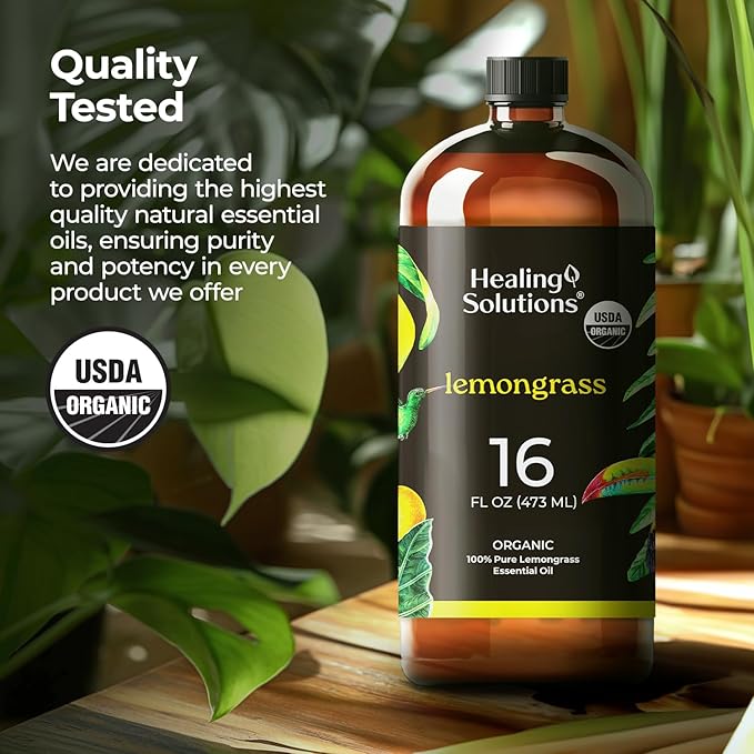 Healing Solutions Organic Lemongrass Essential Oil - 16oz Bulk for Candle Making, Aromatherapy, Cleaning & Diffuser - Organic Lemon Grass